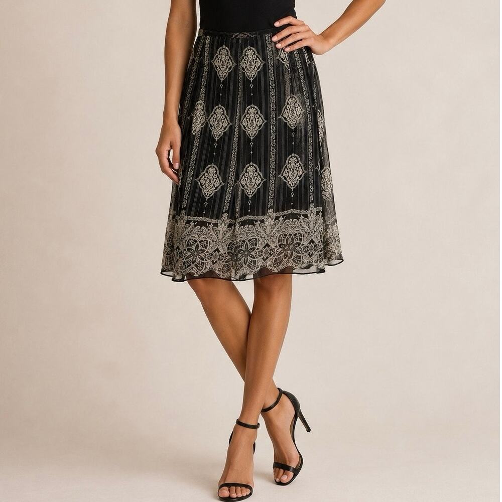 NWT Y2K For the Republic 12 Silk Sheer Lined Knee Length Skirt Medallion Print